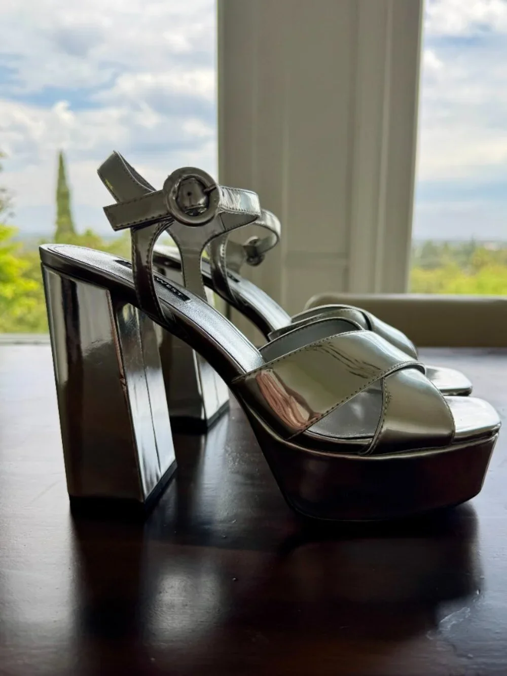 NINE WEST Vallen3 Silver Mirror Metallic Strappy Platform